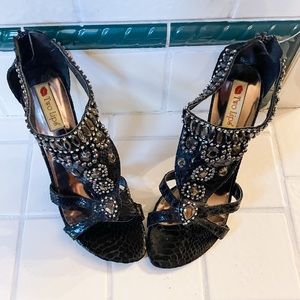Black rhinestone beaded sandal heel womens size 10 bootie